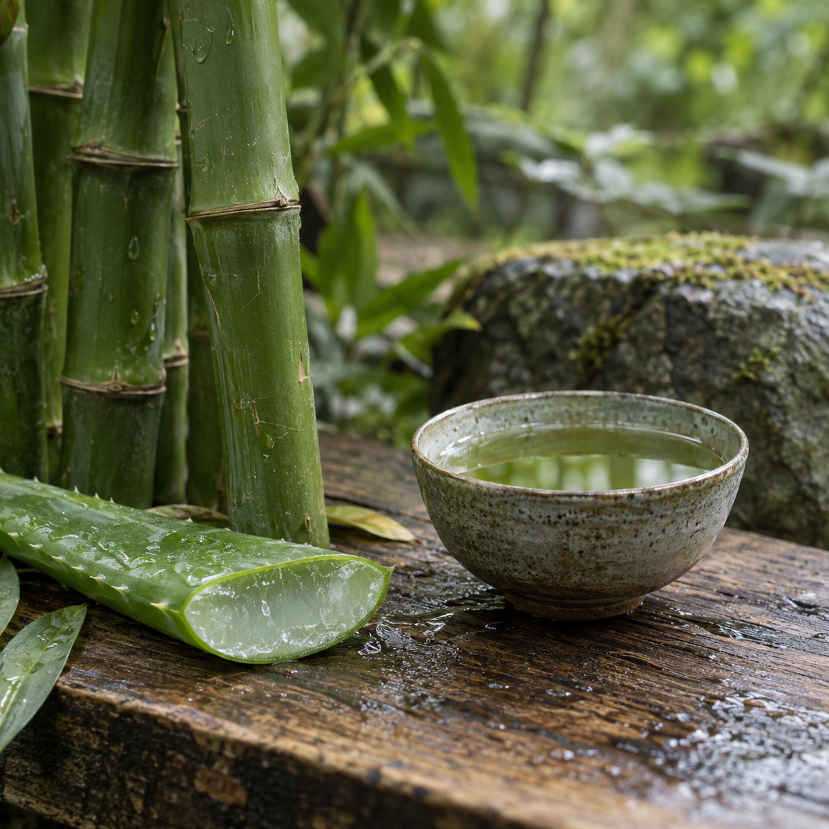 Bamboo, green tea and an aloe leaf on a garden bench